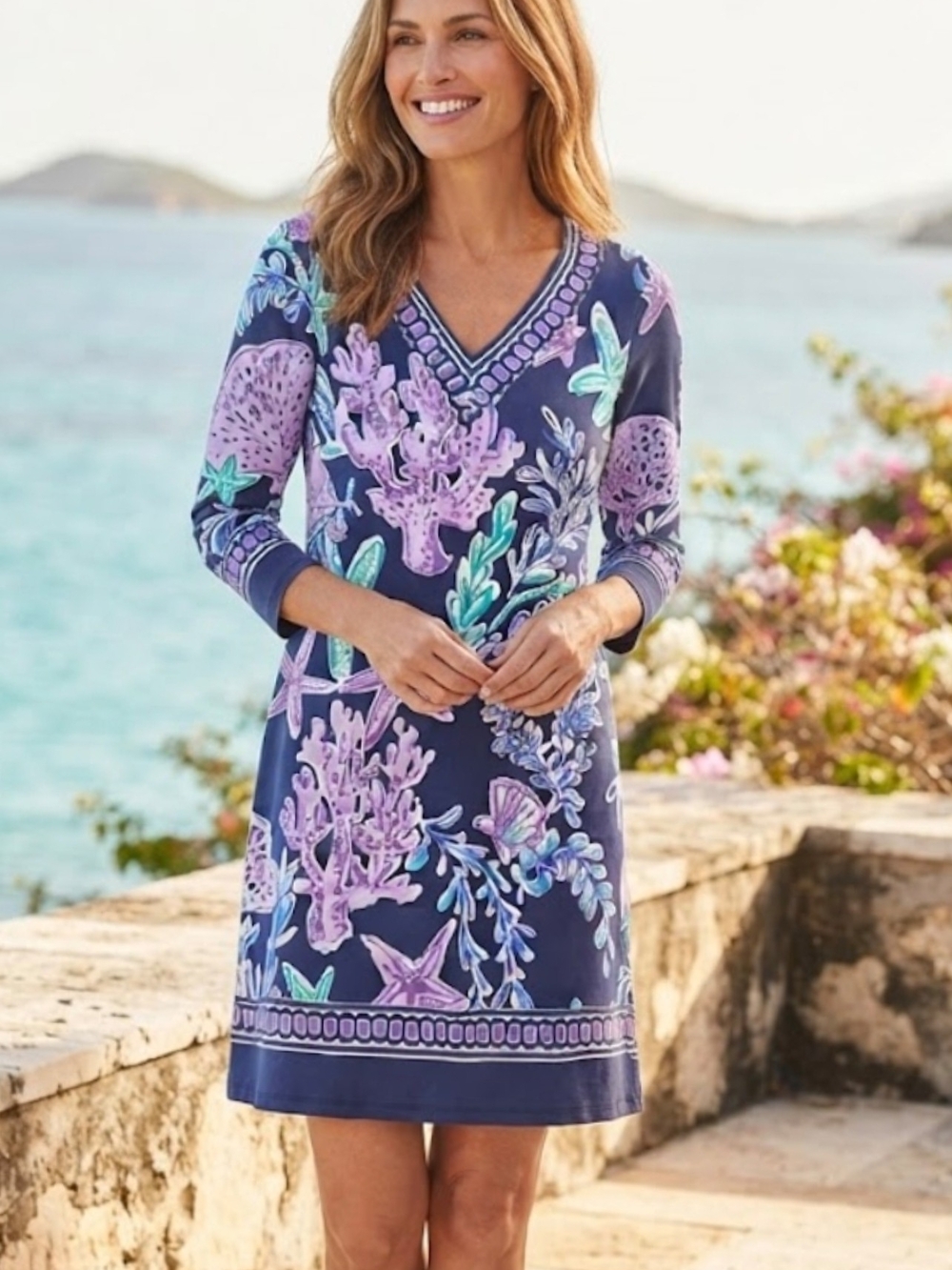 ​Barbara Erickson Women's Size XS Blue Purple Sea Coral Starfish Print 3/4 Sleev